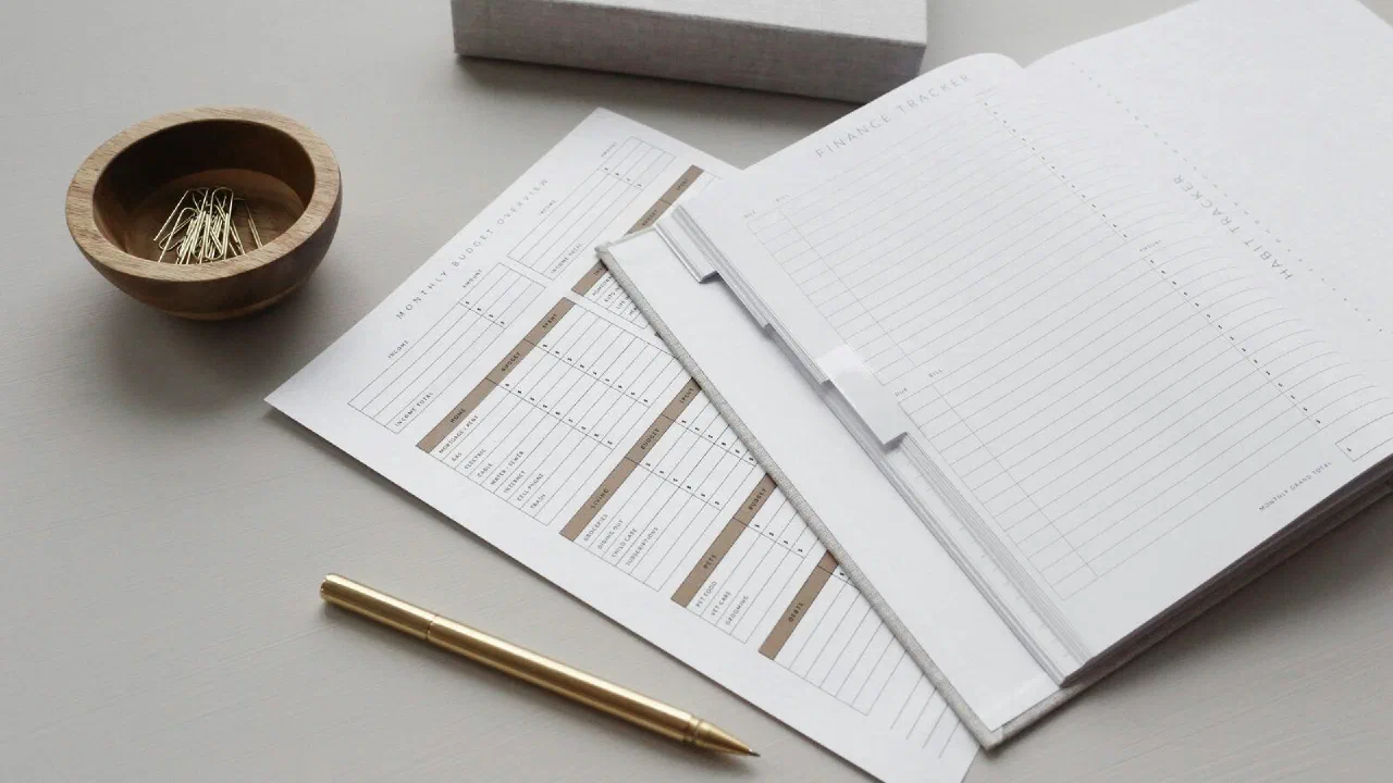 A paper budget planner with printed sheets, a pen and paper clips